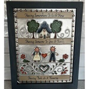 Vintage Handmade Punched Metal Painting Framed Folk Art Cottagecore Wall Artwork